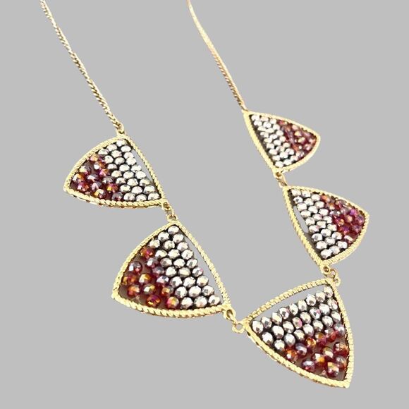 Nwot Rhinestone/Beaded Geometric Triangle Goldtone Statement Necklace - Picture 4 of 6